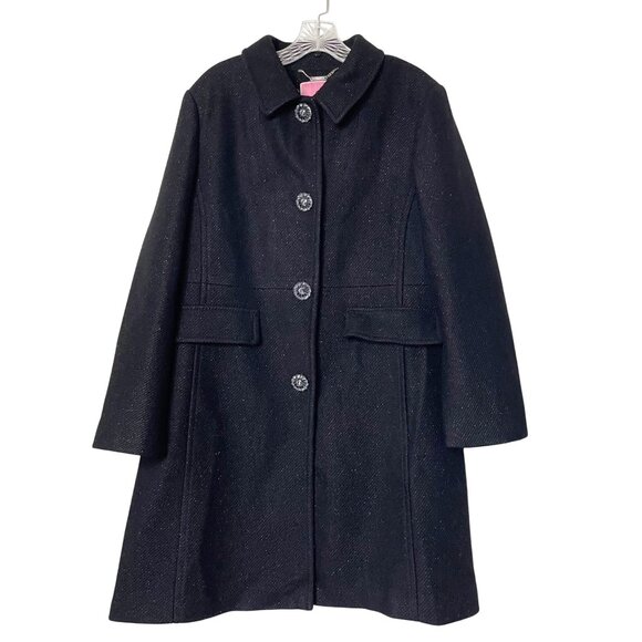 Kate Spade Black Wool Blend Coat Jewel Button Coat Large Designer *No Fur Collar - Picture 2 of 9